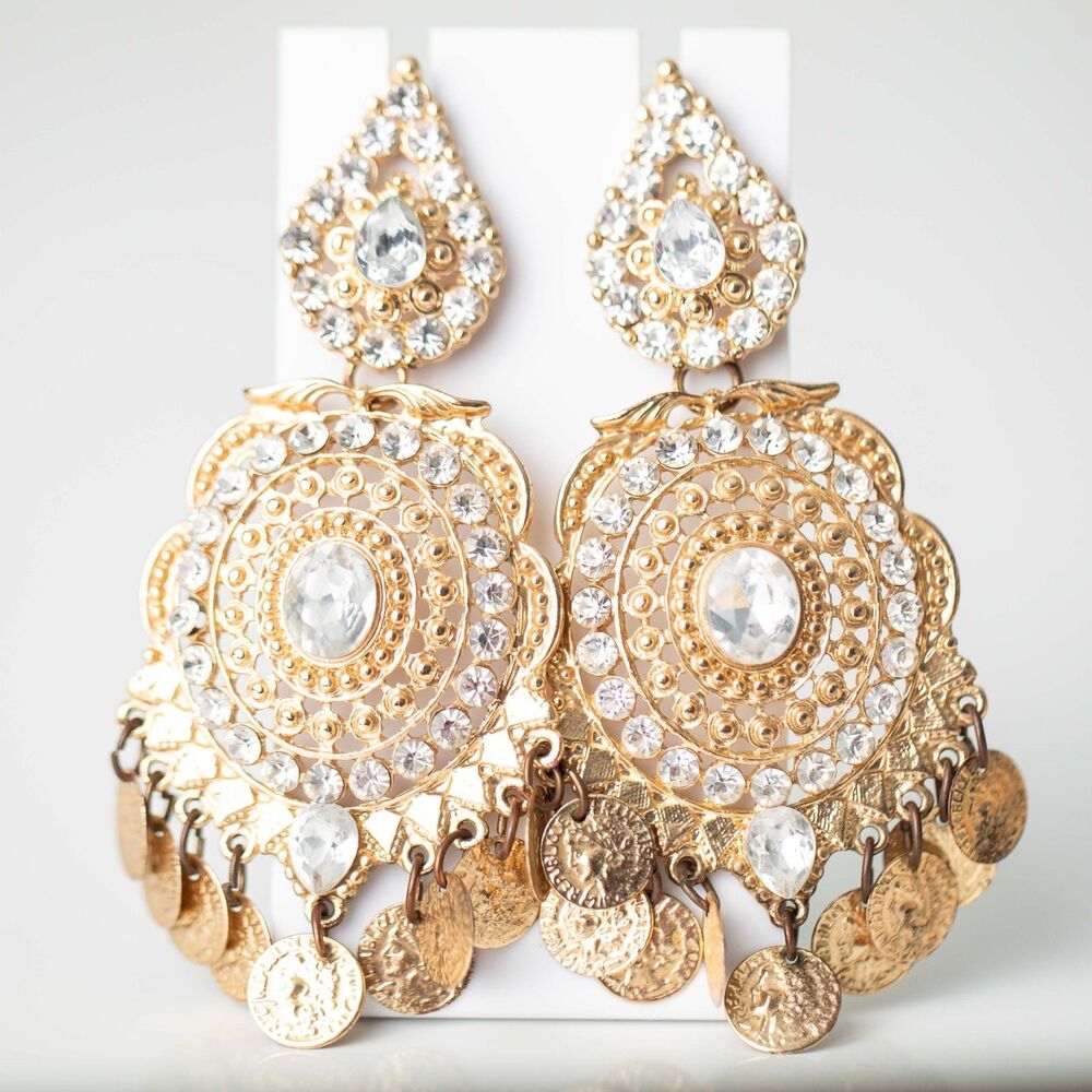 Gold Tone Rhinestone Coin Chandelier Dangle Earrings Boho Statement Jewelry